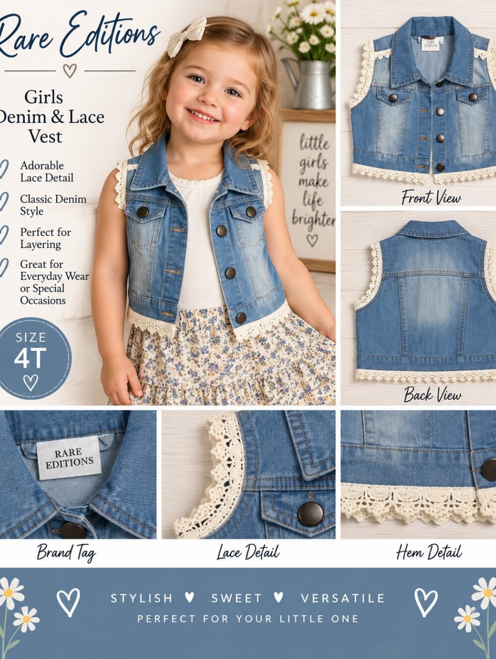 Rare editions girls 4T jean lace vest #29